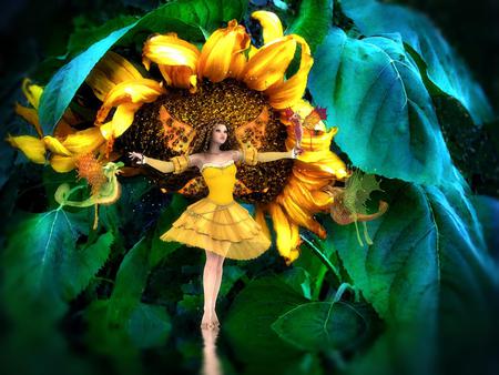 Fairy - sunflower, fairy, abstract, fantasy