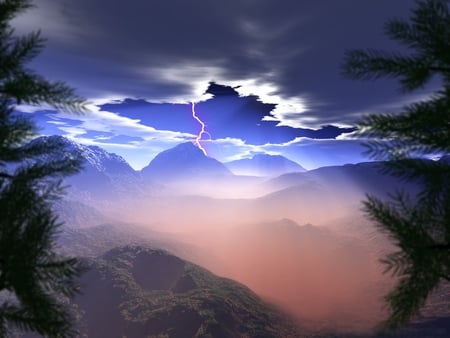 Lightning - sky, mountain, forest, dark, clouds, tree, storm