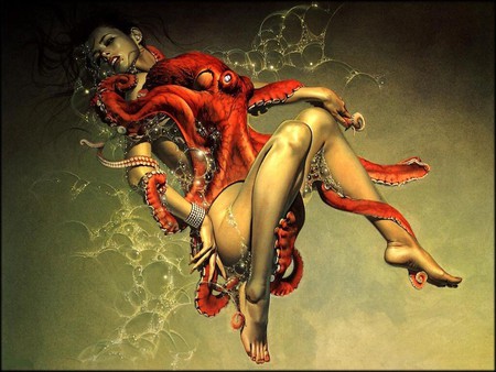 trapped - woman, octapus, red, water, bubbles