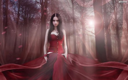 Girl - Red Dress - rays, princess, autumn, sunshine, hot, trees, gir, wd, red dress, w, a, woods, red, walks, adw