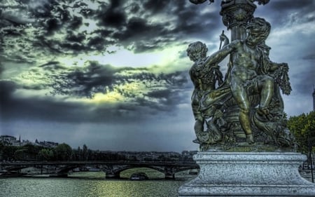 STATUE AT DAWN - statue, sky, dawn, clouds