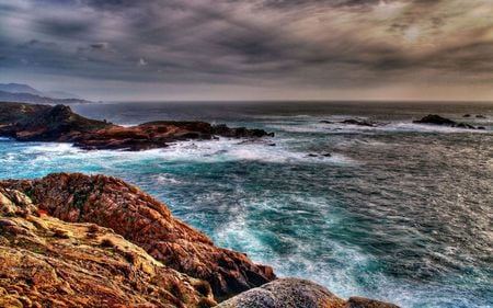 OCEAN - dark clouds, rocks, wide, beautiful, waves