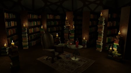 large library - candle, books, ancient, library