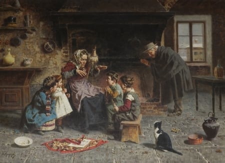 The favorite story - pictura, people, eugenio zampighi, painting, old woman, children, copil, art