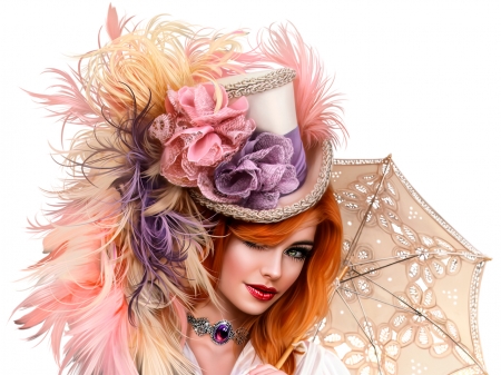 Beauty - umbrella, frumusete, white, parasol, girl, pink, fantasy, flower, face, redhead, hat