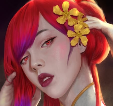 Redhead - yellow, girl, flower, frumusete, thao anh, fantasy, redhead, face, art, luminos