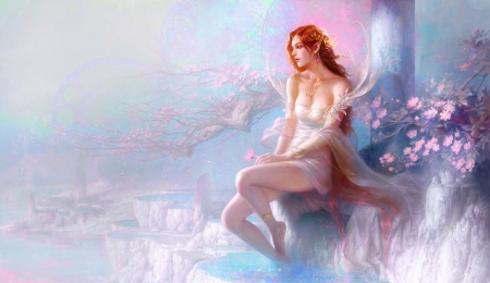 Spring - blue, frumusete, art, primavara, spring, goddess, lightwing academy, jewel, pink, fantasy, flower, gjschoolart, luminos, redhead