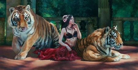 The guardians - odalisque, girl, tiger, frumusete, pictura, fantasy, red, painting, tigru, art, luminos