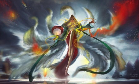 The nine-tailed fox - fantasy, art, hiliuyun, vulpe, nine tailed, luminos, girl, fox