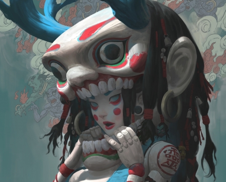 Demon mask - blue, girl, zeen chin, fantasy, white, mask, red, art, demon