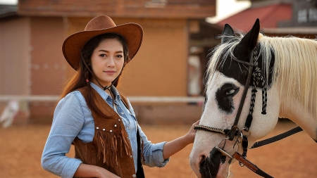 Morning Ride - cowgirls, horses, barn, hats, ranch, brunettes