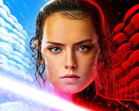 Rey - star wars, blue, portrait, yasar vurdem, pictura, fantasy, red, painting, rey, face, art