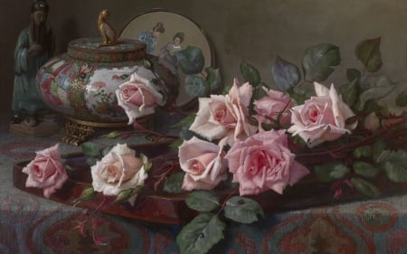 Memories of Asia - trandafir, flower, pink, pictura, painting, rose, pascal de beucker, asia, art