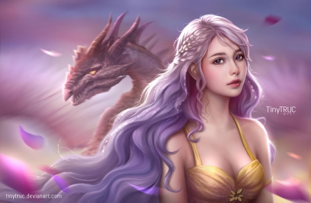 Daenerys - daeneryes targaryen, dragon, fantasy, game of thrones, girl, pink, purple, tinytruc