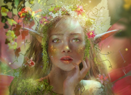 Fairy - shasmy, girl, elf, frumusete, fantasy, red, green, fairy, face, art, luminos