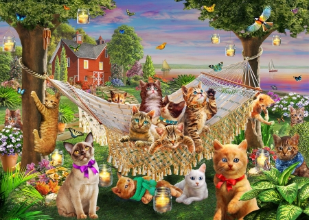 cats - house, cats, beautiful, paintings