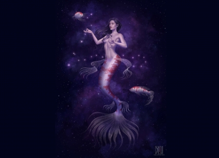 Zodiac ~ Pisces - summer, yasushi matsuoka, girl, frumusete, black, fantasy, pisces, siren, purple, mermaid, pesti, fish, zodiac, vara, luminos