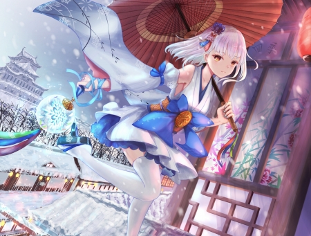 :) - manga, anime, umbrella, parasol, blue, red, girl, sanka tan