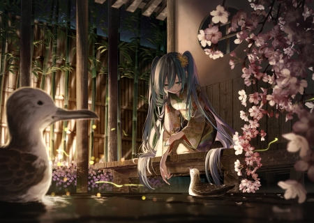 Hatsune Miku - bird, anime, laru, water, sakura, girl, spring, hatsune miku, flower, manga, primavara, seagull