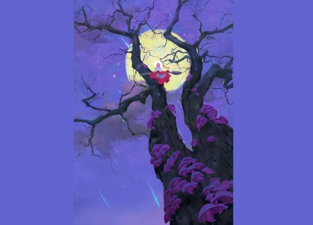 Moon tree - night, ghost hb, frumusete, art, girl, view from dawn, mushroom, tree, purple, fantasy, moon, luna, luminos