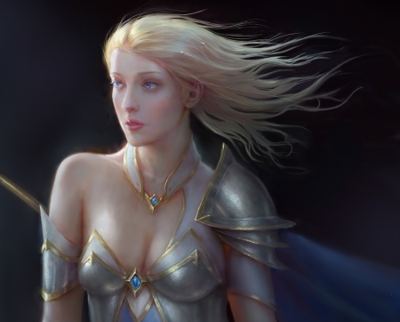 Jaina - jaina, frumusete, black, blonde, art, uncle stone, armor, wind, fantasy, luminos, warrior