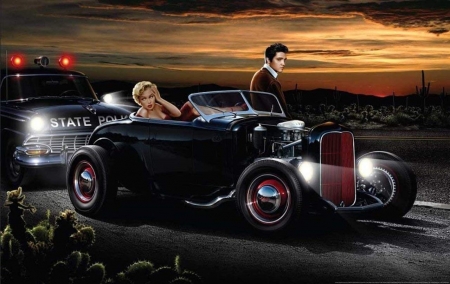 Joy Ride - night, elvis, marilyn, police, hot rod, monroe