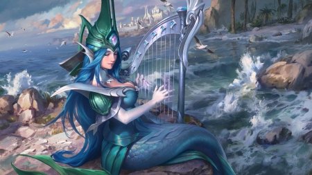 Azure - harpa, water, harfa, summer, blue, girl, fantasy, instrument, siren, mermaid, lira, xiaoguang sun, vara, luminos