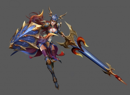 Warrior - blue, shield, grey, girl, fantasy, mimacuowu, red, luminos, warrior