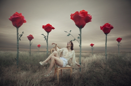 Woman in a field - pretty, photography, manipulation, photo, flowers, fantasy, high heels, red, sureal, brunette, art