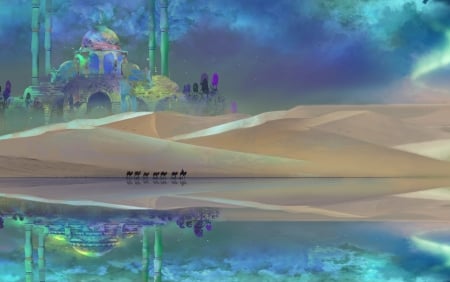 Castle - dunes, water, moli, blue, lmart, silhouette, night, mo li, reflection, frumusete, fantasy, art, castle, luminos, l m