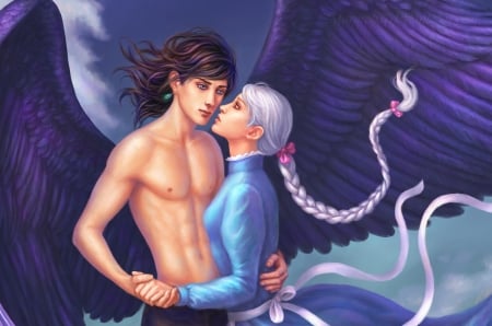 Howl and Sophie - howls moving castle, blue, sophie, girl, man, howl, marurenai, fantasy, purple, maru renai, wings, couple, art, luminos