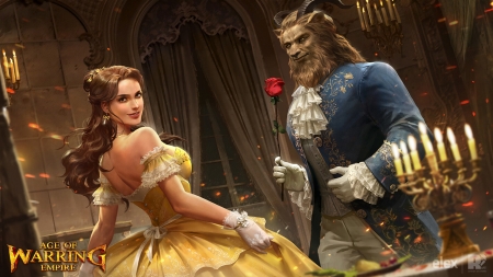 Beauty and the Beast - game, yellow, blue, dress, red pencil art, flower, fantasy, beauty and the beast, belle, red, rose, princess, couple, luminos