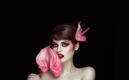 Beauty - black, model, rebeca saray, girl, woman, calla, pink, flower, face