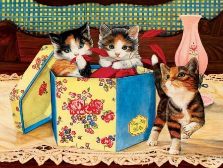 Kittens - yellow, blue, cat, pictura, kitten, painting, pisici, cute, box, trio, art