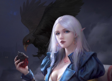Rosanne - blue, white, black, frumusete, bird, art, girl, hand, raven, earrings, crow, fantasy, yi tang, rosanne, luminos, pasari