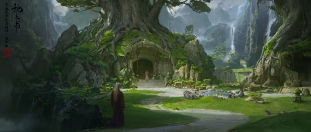 :) - art, asian, cave, couple, fantasy, frumusete, girl, green, luminos, man, qingkai yang, tree, world