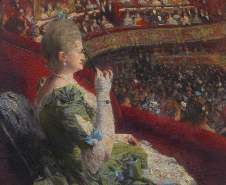 Madame Edmond Picard in the box of the Theatre La Monnaie - madame edmond picard, people, Theo van Rysselberghe, pictura, red, green, painting, woman, theatre, box, art