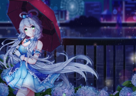 :) - anime, blue, girl, flower, manga, umbrella, red, rain, yuri to hizakura, hydrangea