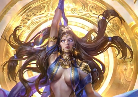 Goddess - frumusete, fantasy, goddess, yellow, blue, jeremy chong, golden, luminos