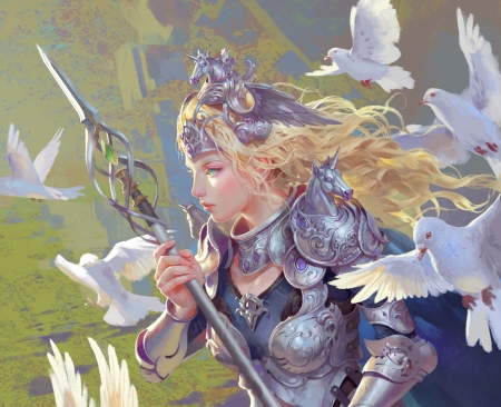 Silver armor - blue, wings, white, frumusete, bird, art, xinqing wang, girl, armor, fantasy, green, silver, unicorn, luminos, pasari