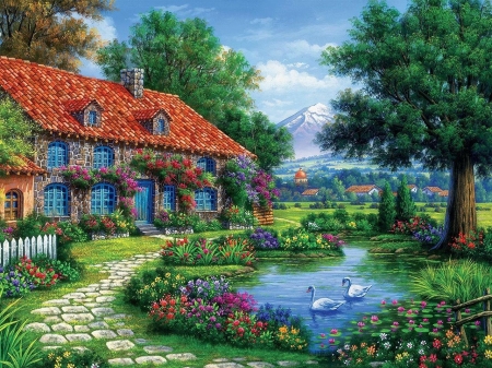 Swan House - swans, scene, flowers, water, mountain, pond