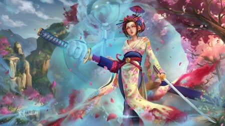 Fantasy girl - blue, girl, sword, kimono, pink, samurai, frumusete, fantasy, katana, ls lee, art, asian, luminos, lslee