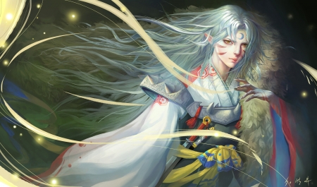 Sesshomaru - fox, man, creature, frumusete, sesshomaru, fantasy, liuxiaohui, face, art, luminos