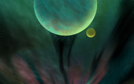 Planets - art, cosmos, fantasy, green, luminos, planet, space, youyang kong