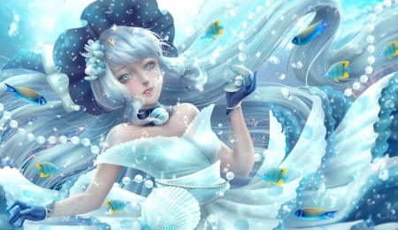 Fantasy girl - blue, fantasy, fish, frumusete, girl, luminos, mermaid, pesti, shell, siren, summer, vara, vexingya, water