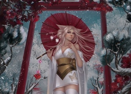 Kitsune - galina butakova, kitsune, winter, fox, snow, girl, pink, frumusete, umbrella, parasol, red, iarna, luminos