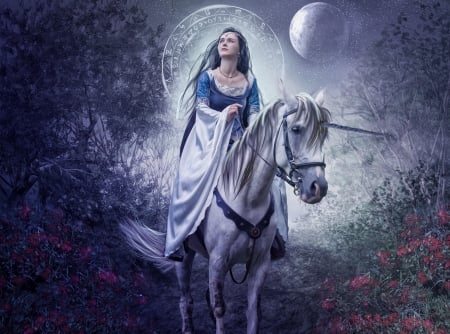 :) - fantasy, white, blue, girl, unicorn, luminos