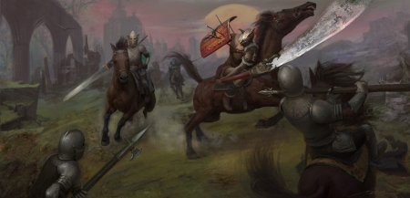 Battlefield - horse, ri qiang lan, fantasy, battle, luminos, dark, warrior, armor