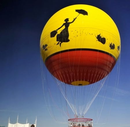 Hot-air-balloon - hot air balloon, yellow, blue, balloon, red, child, mary poppins, sky