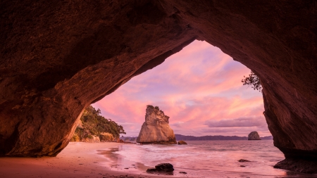 Cave - cave, water, summer, beach, sea, pink, vara, russellstreet